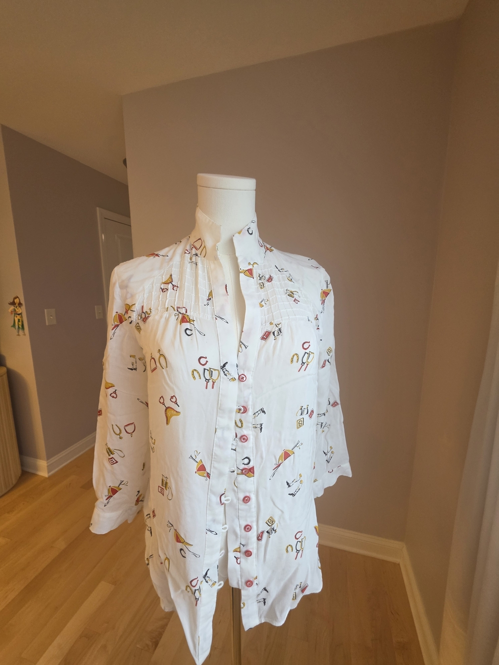 Anthropologie White Button-Front Blouse with Multicolor Print